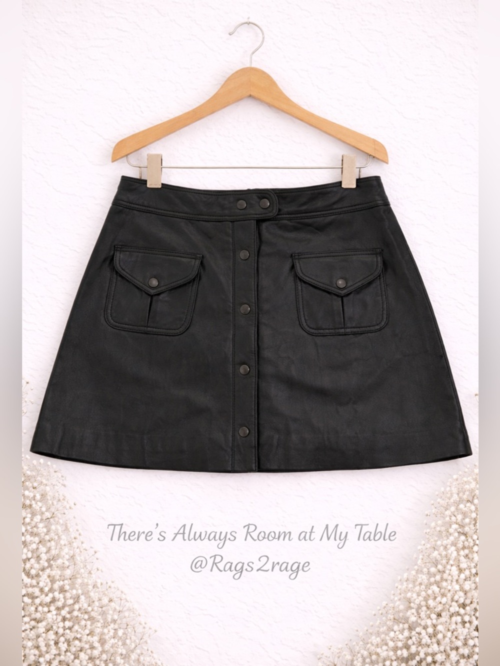 Boston Proper Black Leather Mini Skirt A Line Snap Front Size L - Picture 7 of 8